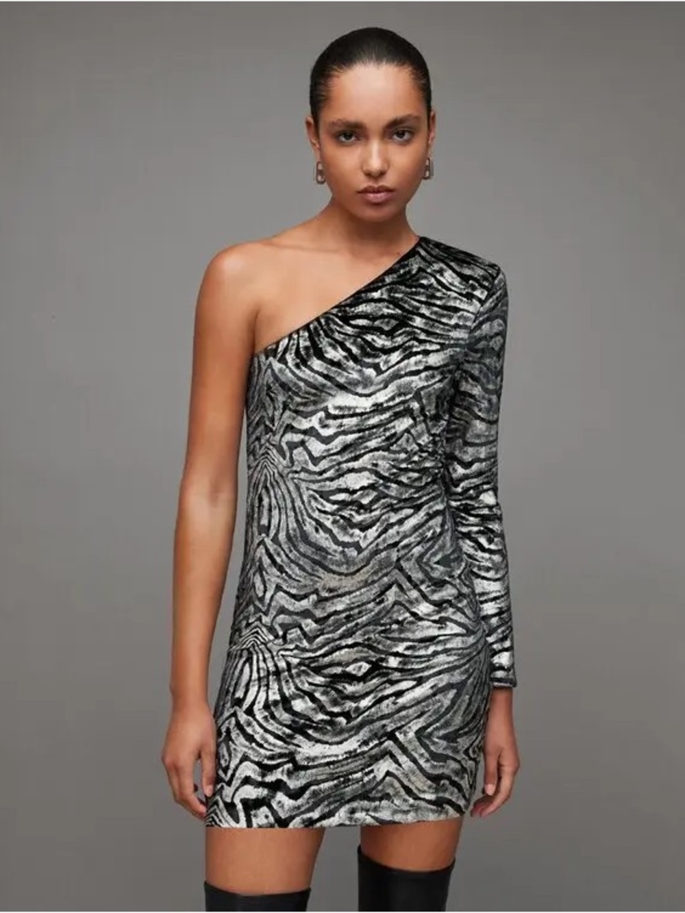 AllSaints Deri Zebra Black and Silver One Shoulder Dress Size
2 NWT